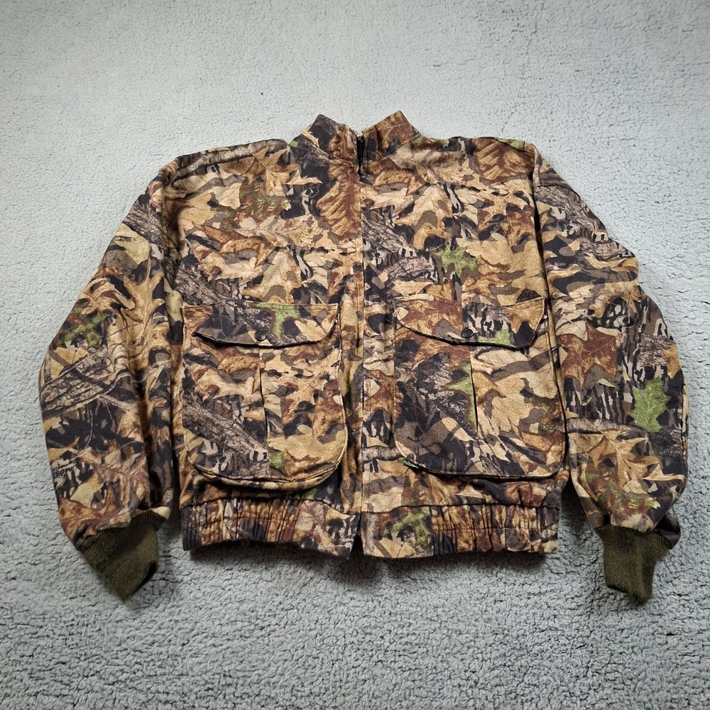 Vtg Mossy Oak Camo Jacket Mens Large Forest Floor Zip Hunting USA Bomber Flannel